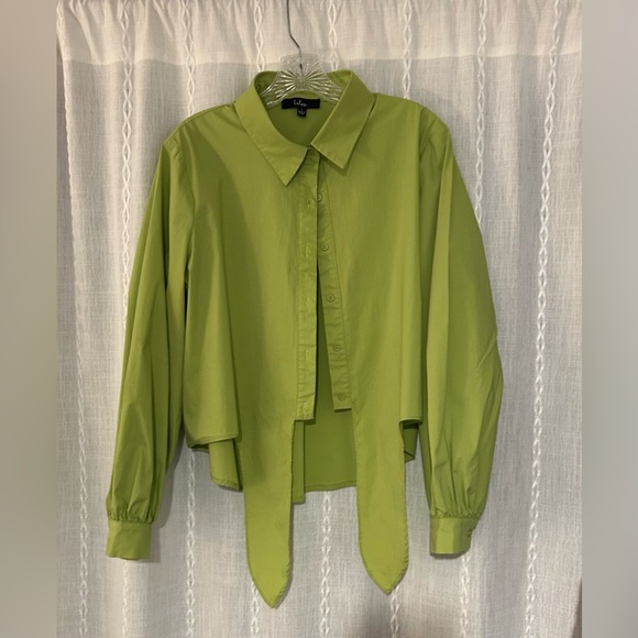 Lulus, Sunny Ties Lime Green Tie-Front Long Sleeve Button-Up Top. Sz. L - Picture 15 of 15